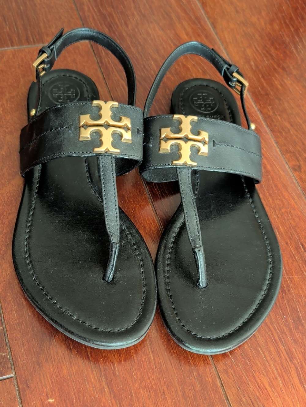 Tory Burch Black Leather Sandals with Gold Logo
